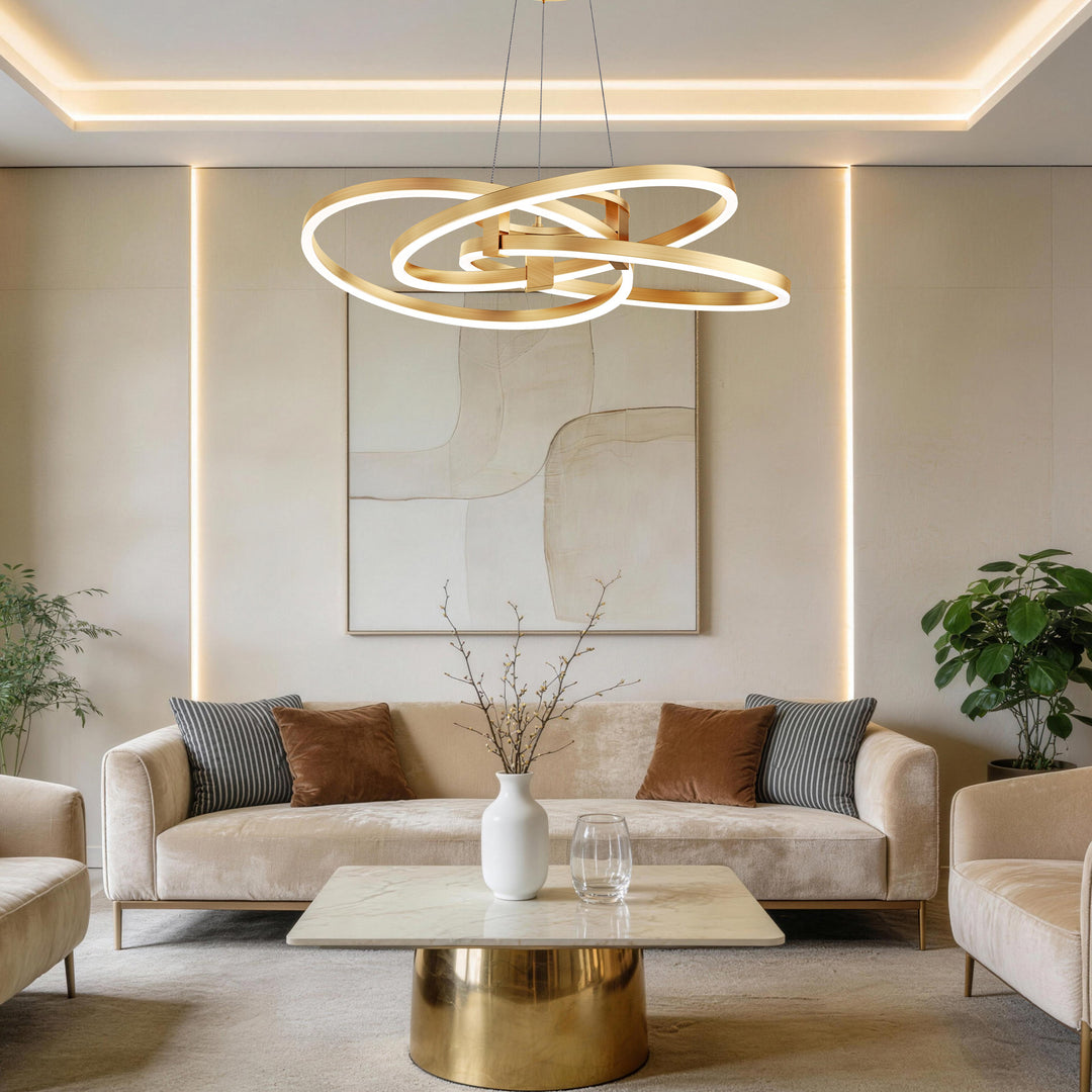 BrillianceLed 36"W Aluminum Modern Chandelier Light With Brush Gold/Back Metal For Dining Room Or Living Room #19034