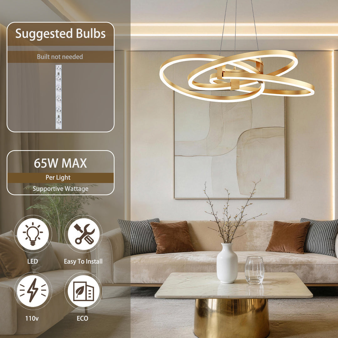 BrillianceLed 36"W Aluminum Modern Chandelier Light With Brush Gold/Back Metal For Dining Room Or Living Room #19034