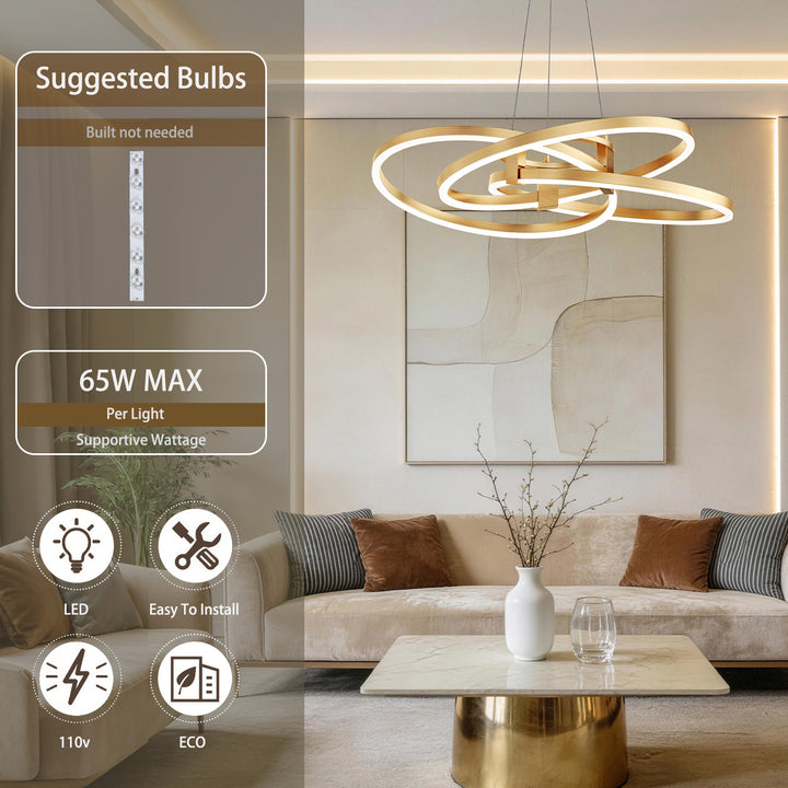 BrillianceLed 36"W Aluminum Modern Chandelier Light With Brush Gold/Back Metal For Dining Room Or Living Room #19034