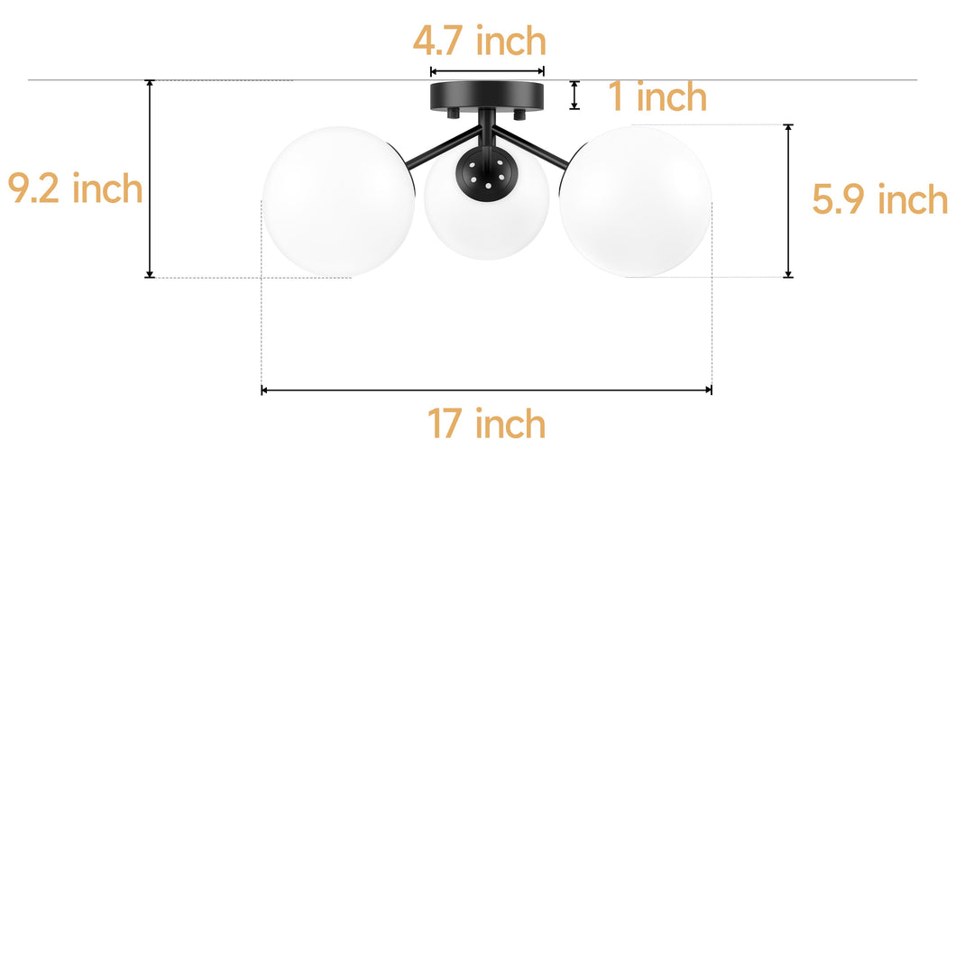 Maxax 3 Globe Ceiling Light 17 Inch Mid Century Modern Semi Flush Mount Ceiling Light Fixture for Bedroom,Living Room,Dinning Room, Foyer, Hallway #19228