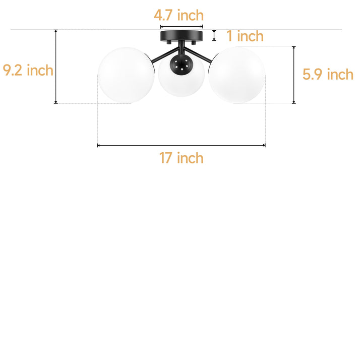 Maxax 3 Globe Ceiling Light 17 Inch Mid Century Modern Semi Flush Mount Ceiling Light Fixture for Bedroom,Living Room,Dinning Room, Foyer, Hallway #19228