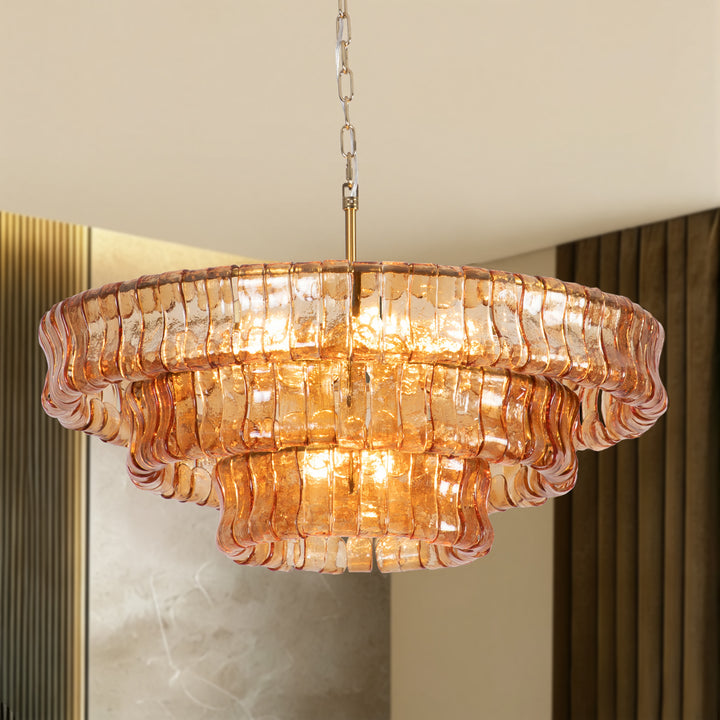 Lumen 9-Light 32"W Polished Brass Modern Tired Chandelier with Hand-Blown Amber Glass for Dining Room or Living Room #19239