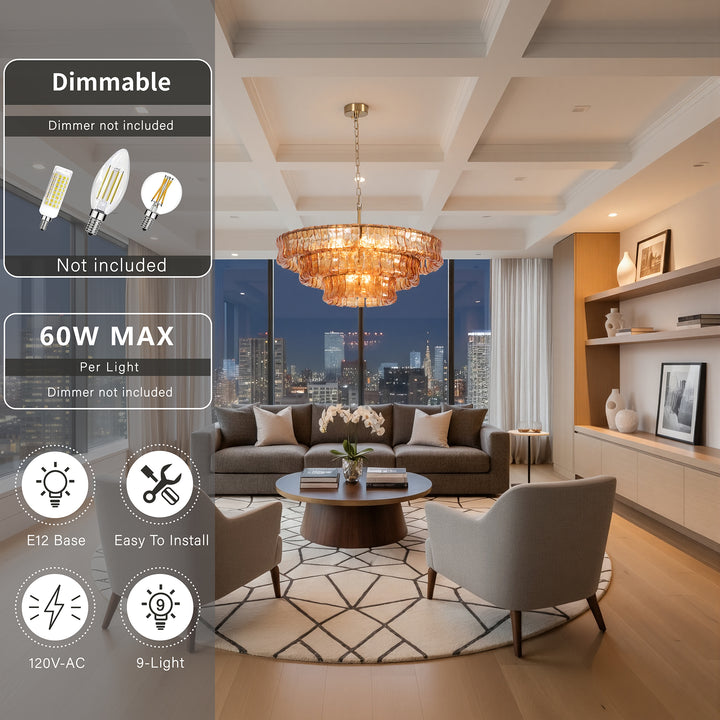 Lumen 9-Light 32"W Polished Brass Modern Tired Chandelier with Hand-Blown Amber Glass for Dining Room or Living Room #19239