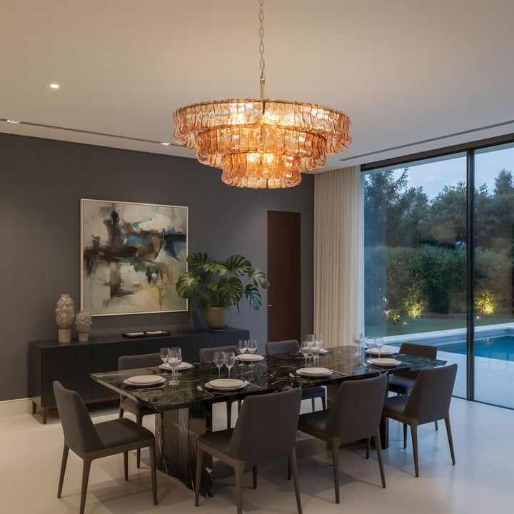 Lumen 9-Light 32"W Polished Brass Modern Tired Chandelier with Hand-Blown Amber Glass for Dining Room or Living Room #19239