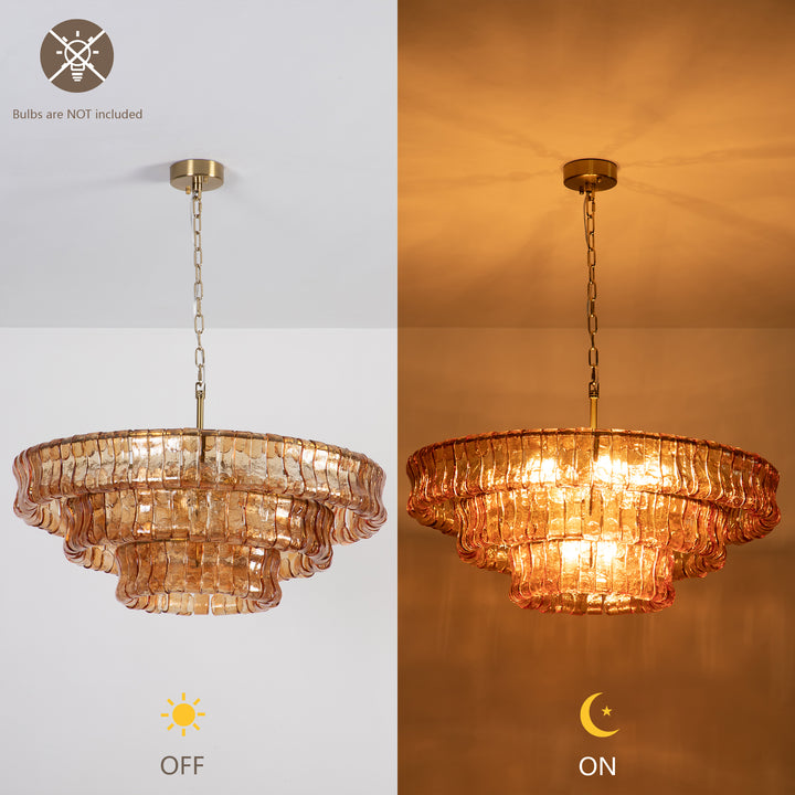 Lumen 9-Light 32"W Polished Brass Modern Tired Chandelier with Hand-Blown Amber Glass for Dining Room or Living Room #19239