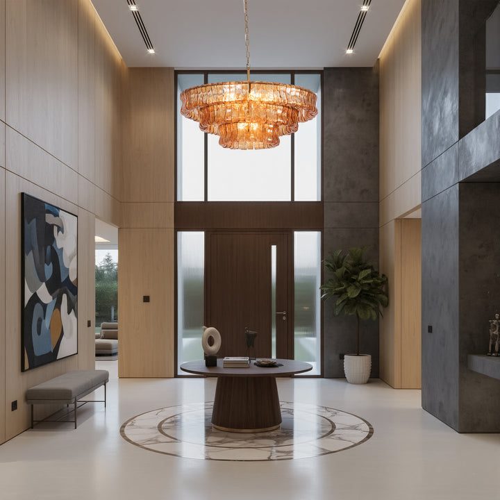 Lumen 9-Light 32"W Polished Brass Modern Tired Chandelier with Hand-Blown Amber Glass for Dining Room or Living Room #19239