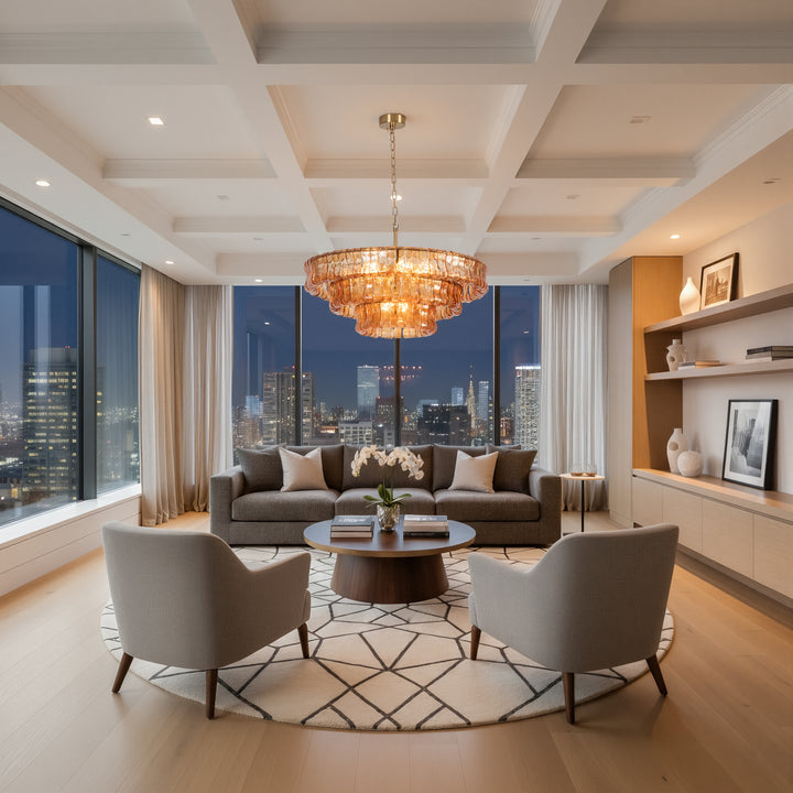 Lumen 9-Light 32"W Polished Brass Modern Tired Chandelier with Hand-Blown Amber Glass for Dining Room or Living Room #19239