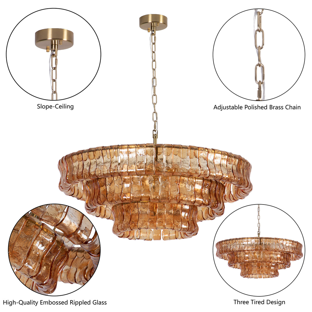 Lumen 9-Light 32"W Polished Brass Modern Tired Chandelier with Hand-Blown Amber Glass for Dining Room or Living Room #19239