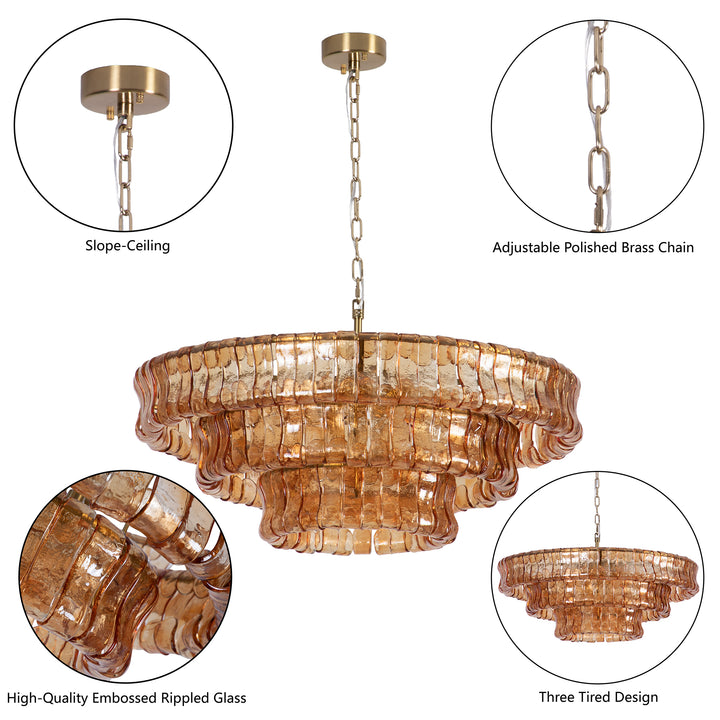 Lumen 9-Light 32"W Polished Brass Modern Tired Chandelier with Hand-Blown Amber Glass for Dining Room or Living Room #19239