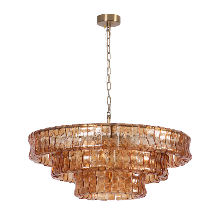 Lumen 9-Light 32"W Polished Brass Modern Tired Chandelier with Hand-Blown Amber Glass for Dining Room or Living Room #19239