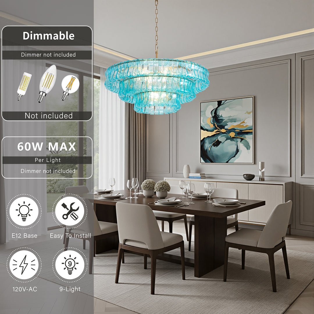 Lumen 9-Light 32"W Polished Brass Modern Tired Chandelier with Hand-Blown Amber Glass for Dining Room or Living Room #19239