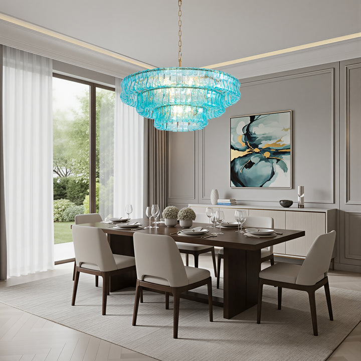 Lumen 9-Light 32"W Polished Brass Modern Tired Chandelier with Hand-Blown Amber Glass for Dining Room or Living Room #19239