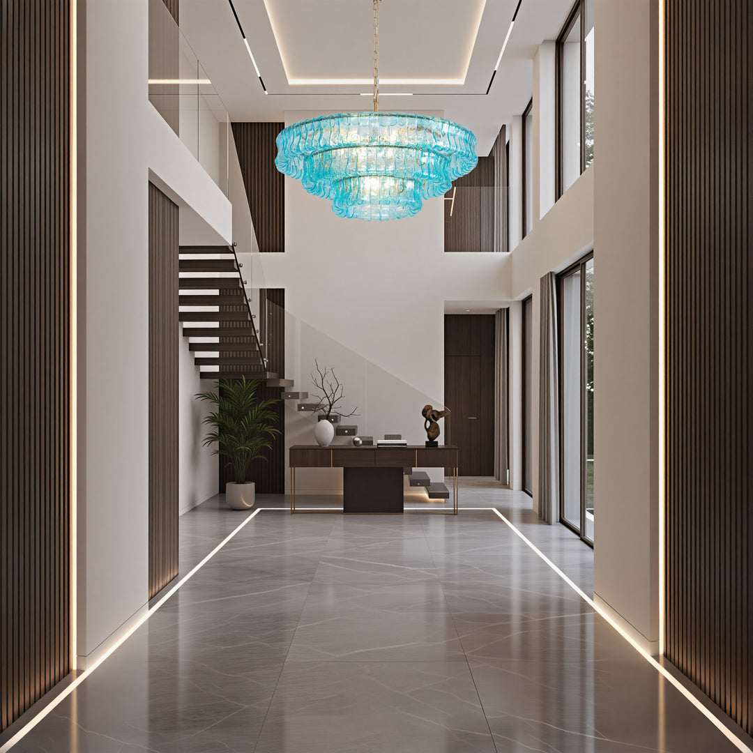 Lumen 9-Light 32"W Polished Brass Modern Tired Chandelier with Hand-Blown Amber Glass for Dining Room or Living Room #19239