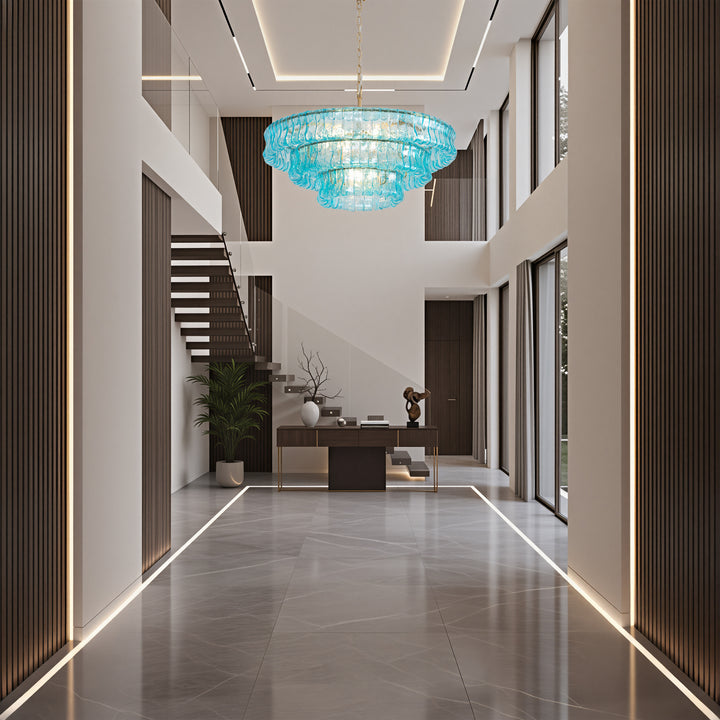 Lumen 9-Light 32"W Polished Brass Modern Tired Chandelier with Hand-Blown Amber Glass for Dining Room or Living Room #19239