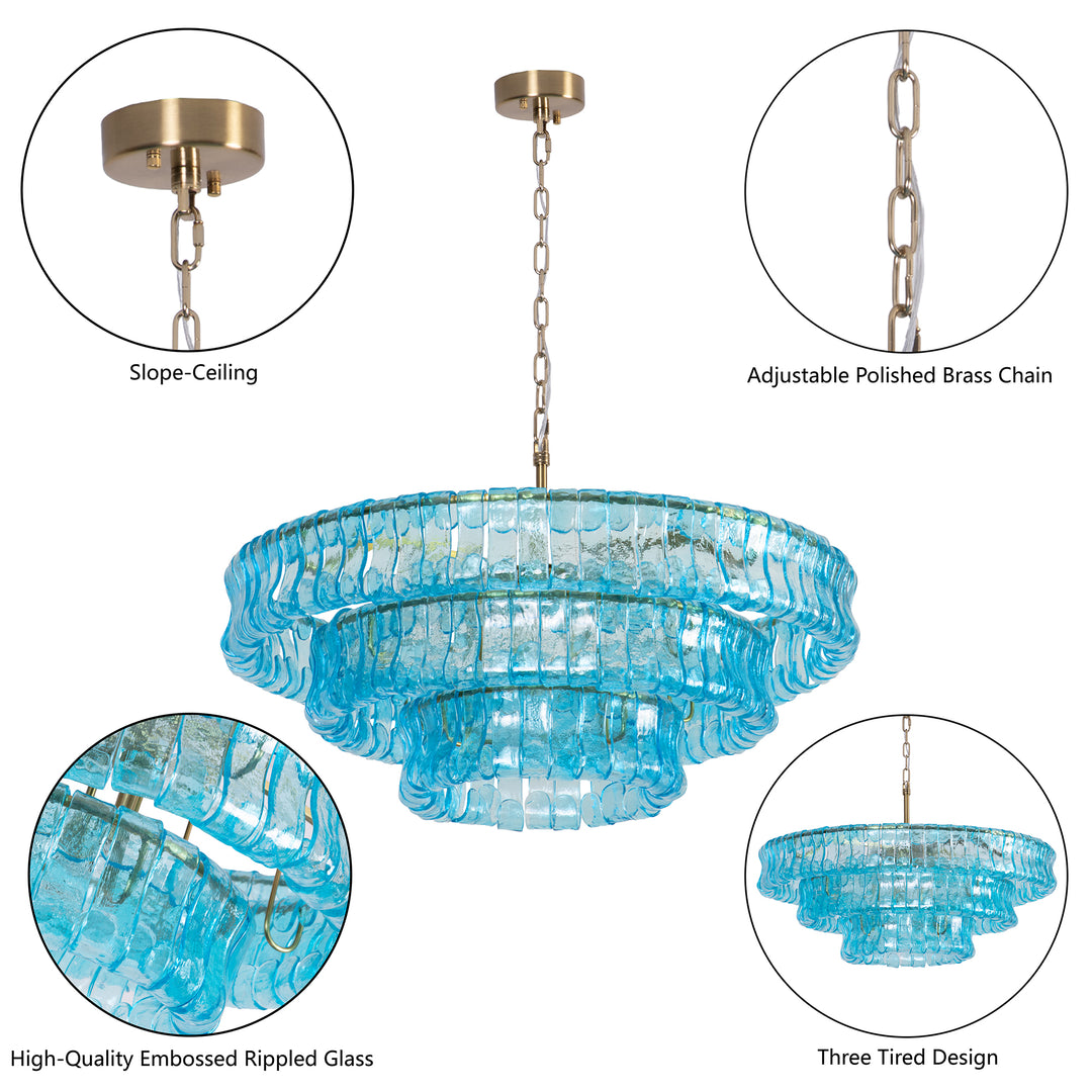 Lumen 9-Light 32"W Polished Brass Modern Tired Chandelier with Hand-Blown Amber Glass for Dining Room or Living Room #19239