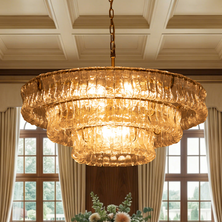 Lumen 9-Light 32"W Polished Brass Modern Tired Chandelier with Hand-Blown Amber Glass for Dining Room or Living Room #19239