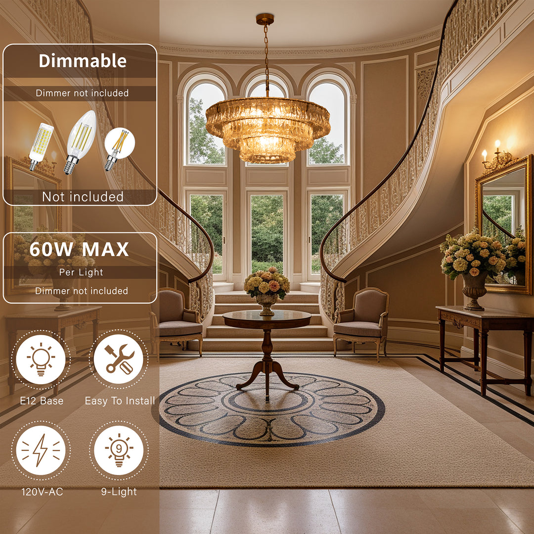 Lumen 9-Light 32"W Polished Brass Modern Tired Chandelier with Hand-Blown Amber Glass for Dining Room or Living Room #19239