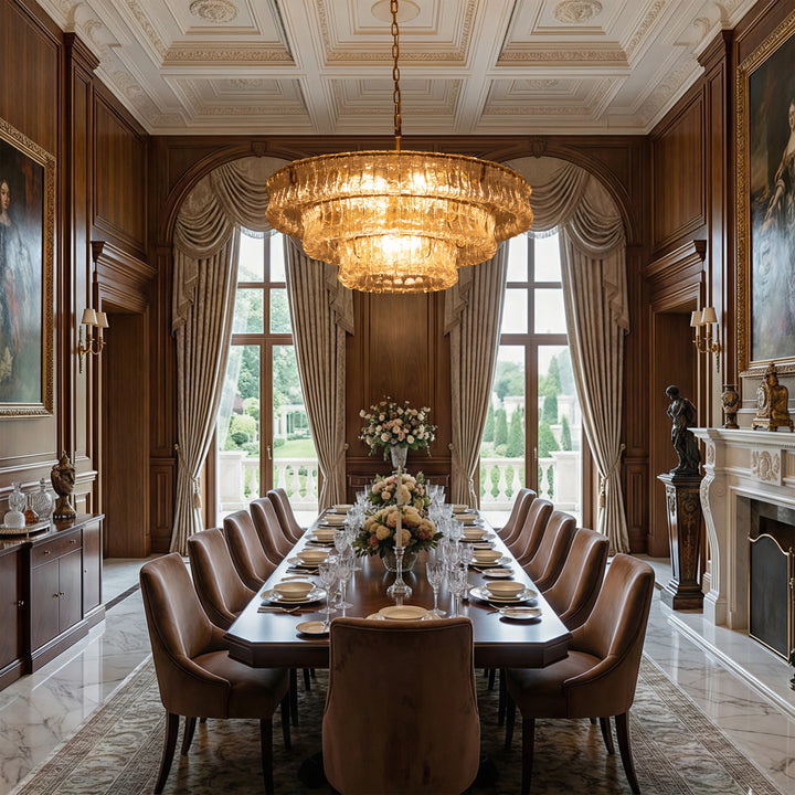 Lumen 9-Light 32"W Polished Brass Modern Tired Chandelier with Hand-Blown Amber Glass for Dining Room or Living Room #19239