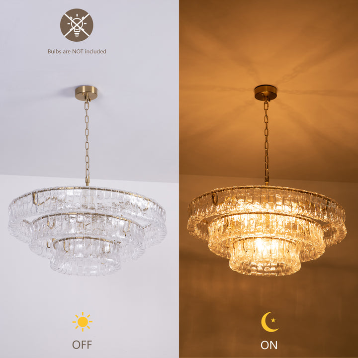 Lumen 9-Light 32"W Polished Brass Modern Tired Chandelier with Hand-Blown Amber Glass for Dining Room or Living Room #19239