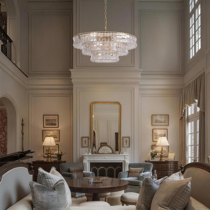 Lumen 9-Light 32"W Polished Brass Modern Tired Chandelier with Hand-Blown Amber Glass for Dining Room or Living Room #19239