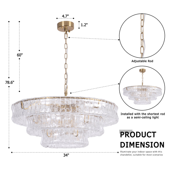 Lumen 9-Light 32"W Polished Brass Modern Tired Chandelier with Hand-Blown Amber Glass for Dining Room or Living Room #19239