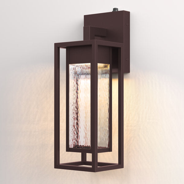 Natura 1 - Light 15''H Dimmable Led Black Iron And Water Ripple Glass Outdoor Wall Light With Dusk To Dawn #7061