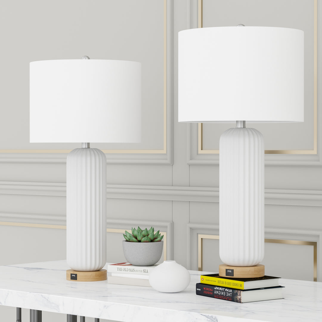 28" Modern Fluted Ceramic Table Lamp with USB Charging Port and 3-Way Dimmable Lighting for Bedroom, Living Room and Study (Set of 2) #T164