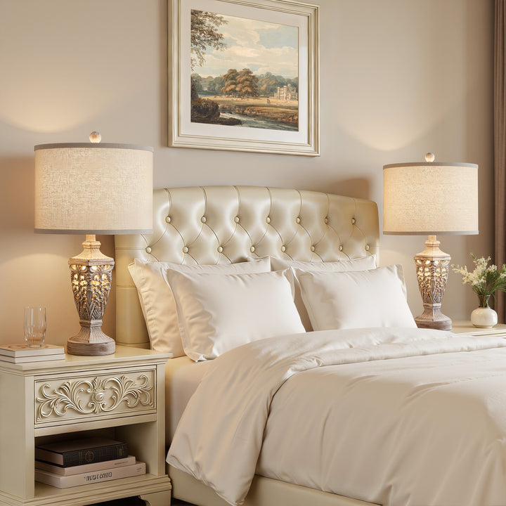 Farmhouse Carved Resin Table Lamp Set with Linen Drum Shades (Set of 2) #T278