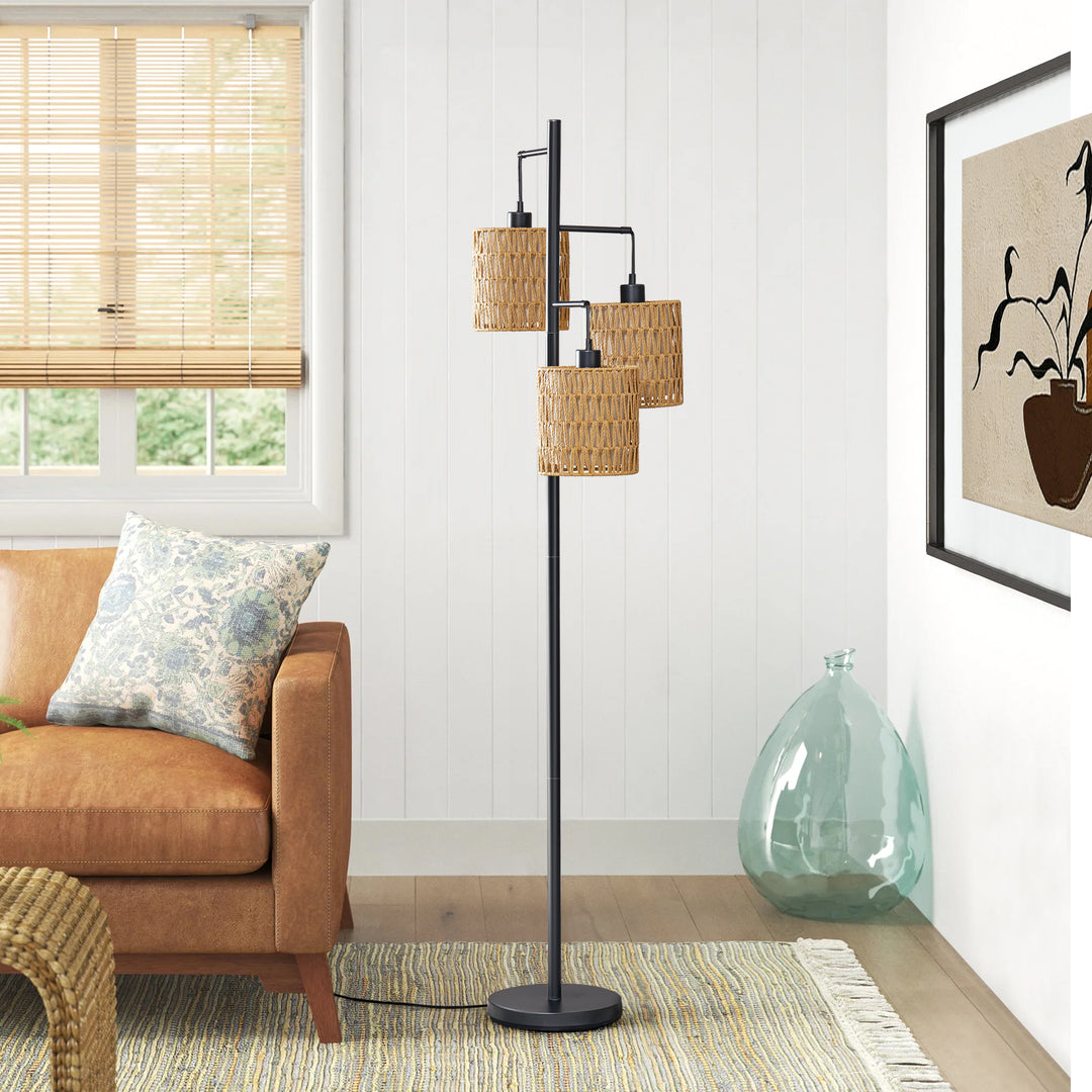 Maxax 65" Boho Rattan Floor Lamp, 3 Lights Farmhouse Tree Standing Lamp with Rattan Shades, Multi Head Vintage Tall Floor Lights for Bedroom, Living Room, Office #F65