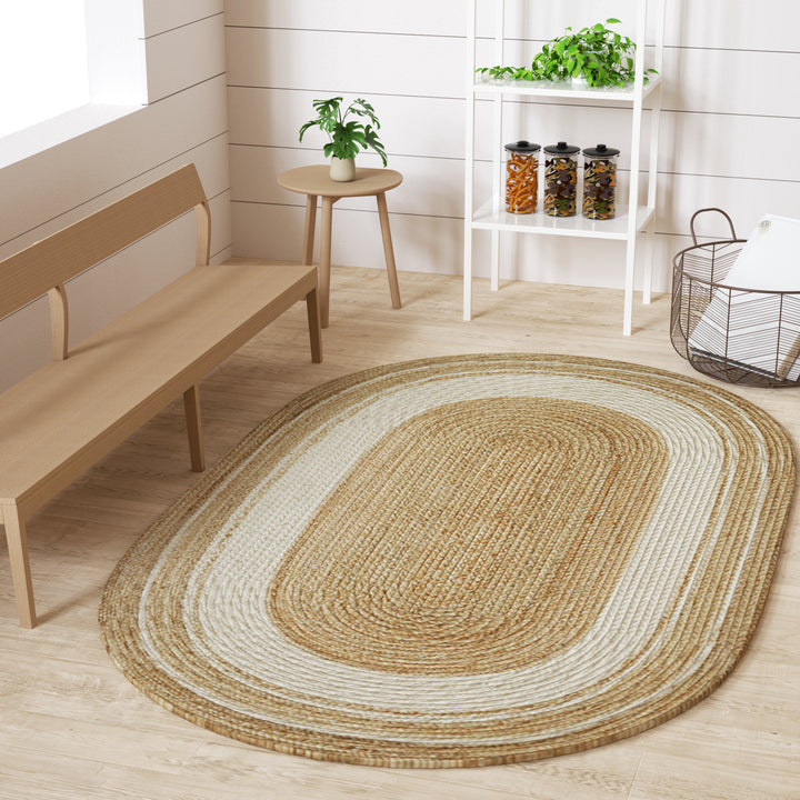 4modernhome Jute Hand Braided Zigzag Stitch Natural Fibers Farmhouse Style Area Rug For Dining Room Living Room Kitchen, Off White/Natural #DT23-5