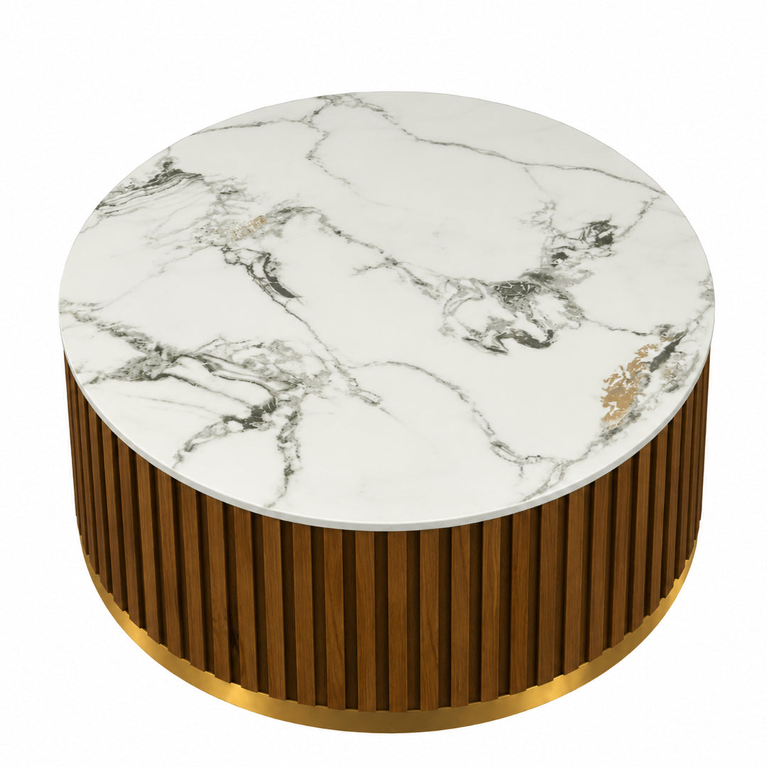 36" Solid Wood Round Drum Coffee Table with Sintered Stone Top #25049