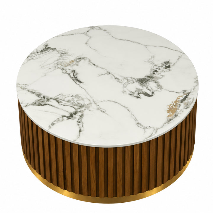 36" Solid Wood Round Drum Coffee Table with Sintered Stone Top #25049