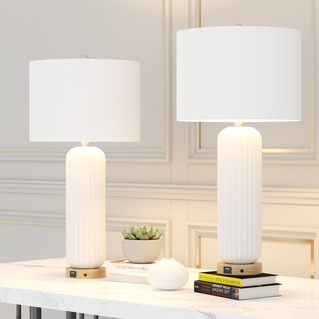 28" Modern Fluted Ceramic Table Lamp with USB Charging Port and 3-Way Dimmable Lighting for Bedroom, Living Room and Study (Set of 2) #T164