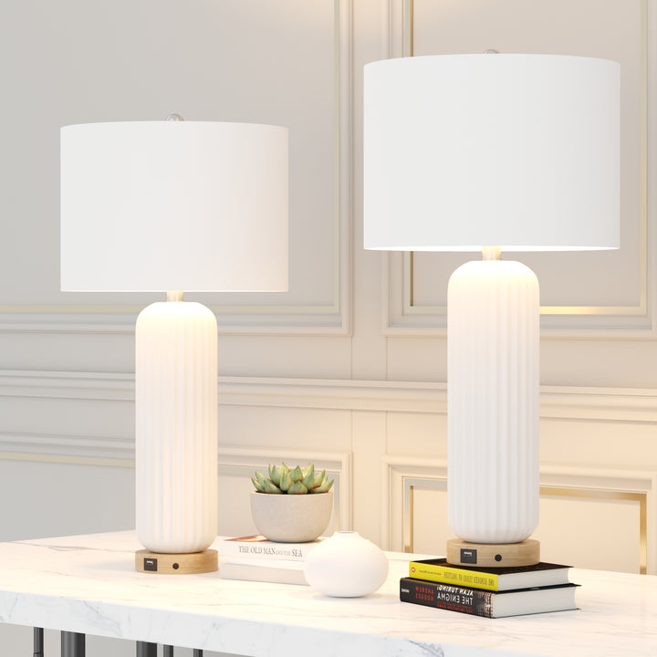 28" Modern Fluted Ceramic Table Lamp with USB Charging Port and 3-Way Dimmable Lighting for Bedroom, Living Room and Study (Set of 2) #T164