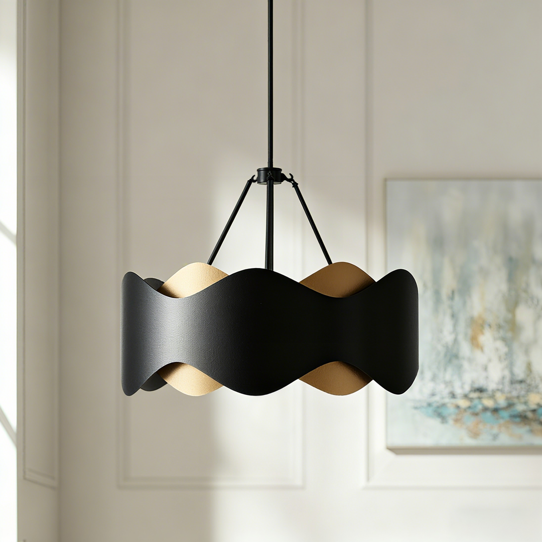 Glimmer 6-Light 24"W Black/Gold Modern Drum Chandelier With Iron Shade For Bedroom Or Living Room #MX21056