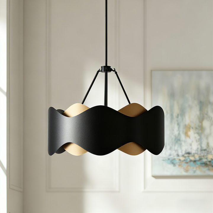 Glimmer 6-Light 24"W Black/Gold Modern Drum Chandelier With Iron Shade For Bedroom Or Living Room #MX21056