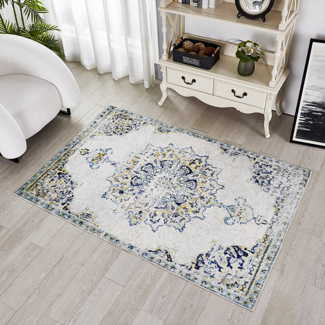 YUIlili Yullili 4"x6" Area Rug for Living Room Vintage Oriental Washable Low Pile Non-Slip Rugs, Soft Decorative Room Boho Carpet Hallway Rug for Bedside, Playroom, Indoor Decor, Yellow/Blue #AZJL2