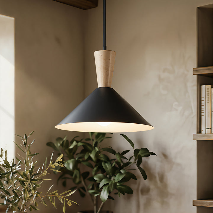 1-Light 13.8"W Black Metal Modern Cone Pendant With Marble Decoration For Kitchen Island Or Dining Room #19236
