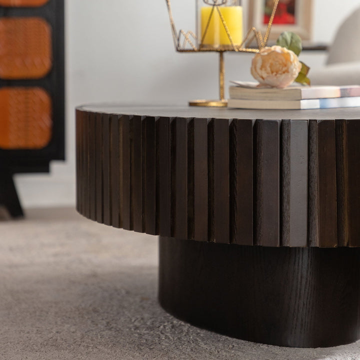 Timeless Round Coffee Table Handcrafted Relief Wooden Olive-Shaped Tea Table For Living Room #25013