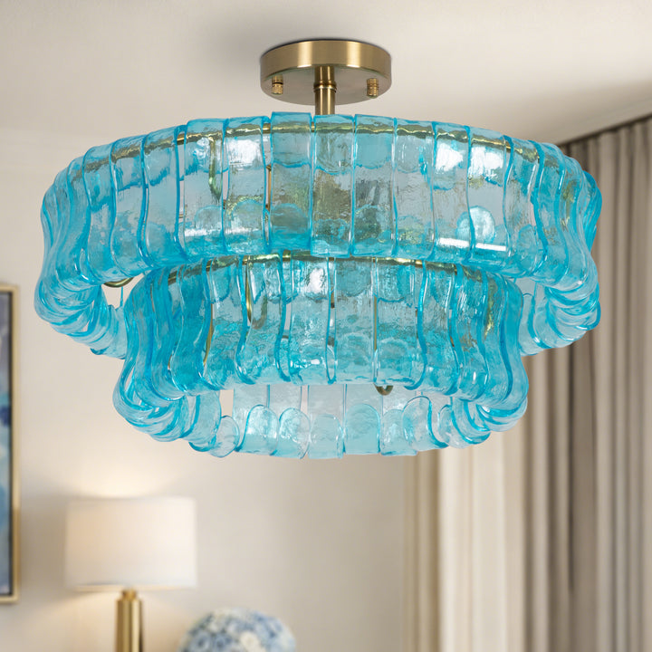 Lumen 20" 6-Light Brushed Brass Double-Layer Clear Artistic Glass Unique / Statement Semi-Flush Mount For Living Room/Bedroom #19235