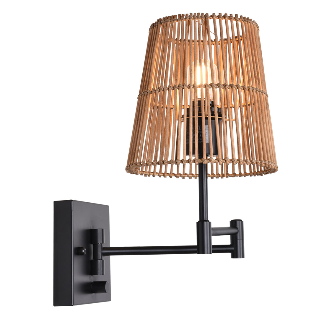 1- Light Dimmable Swing Arm Wall Lamp with Rattan Shade