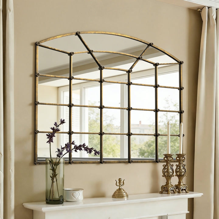 Reflect Vintage Metal Framed Arch Bronze Window & Wall Mantel Mirror For Living Room Entryway #30005