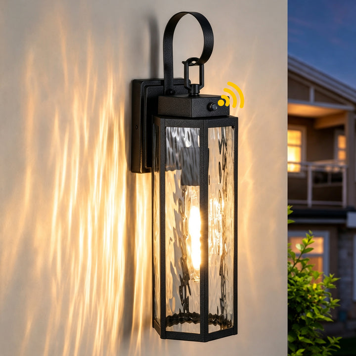 20" Farmhouse Outdoor Wall Sconce, Waterproof Dusk to Dawn Light with Matte Black Frame &amp; Water Ripple Glass 