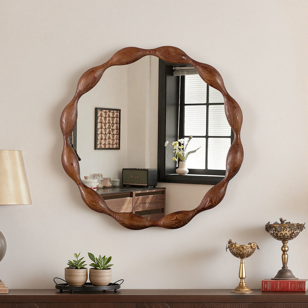 Clarity 32.5" Vintage Oval Solid Wood Framed Wavy Organic Design Wall Mounted Vanity Mirror #25036