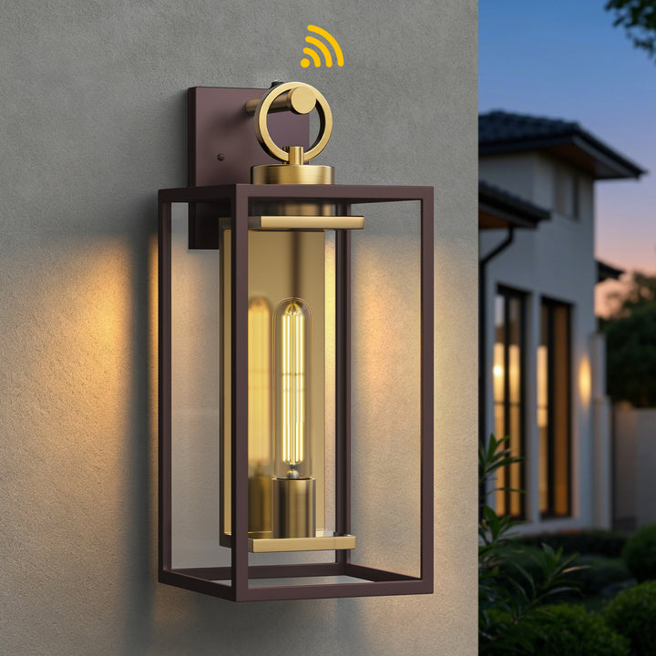 18.11" 1-Light Dusk-to-Dawn Outdoor Wall Sconce, Waterproof Matte Black Lantern with Clear Glass &amp; Brushed Gold Interior 