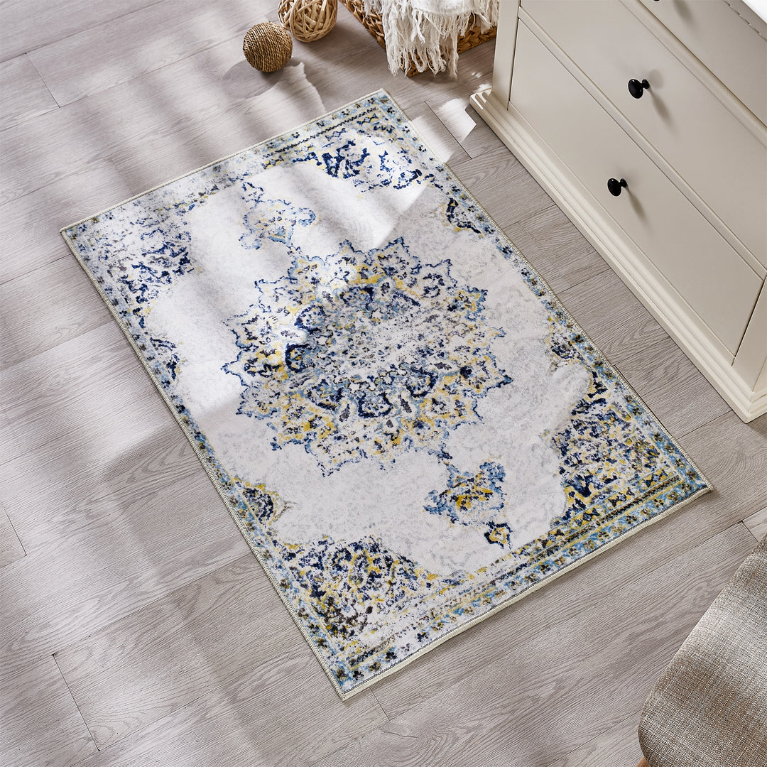 Yullili 4"x6" Area Rug for Living Room Vintage Oriental Washable Low Pile Non-Slip Rugs, Soft Decorative Room Boho Carpet Hallway Rug for Bedside, Playroom, Indoor Decor, Yellow/Blue