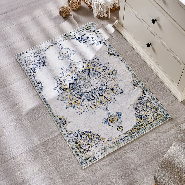 YUIlili Yullili 4"x6" Area Rug for Living Room Vintage Oriental Washable Low Pile Non-Slip Rugs, Soft Decorative Room Boho Carpet Hallway Rug for Bedside, Playroom, Indoor Decor, Yellow/Blue #AZJL2