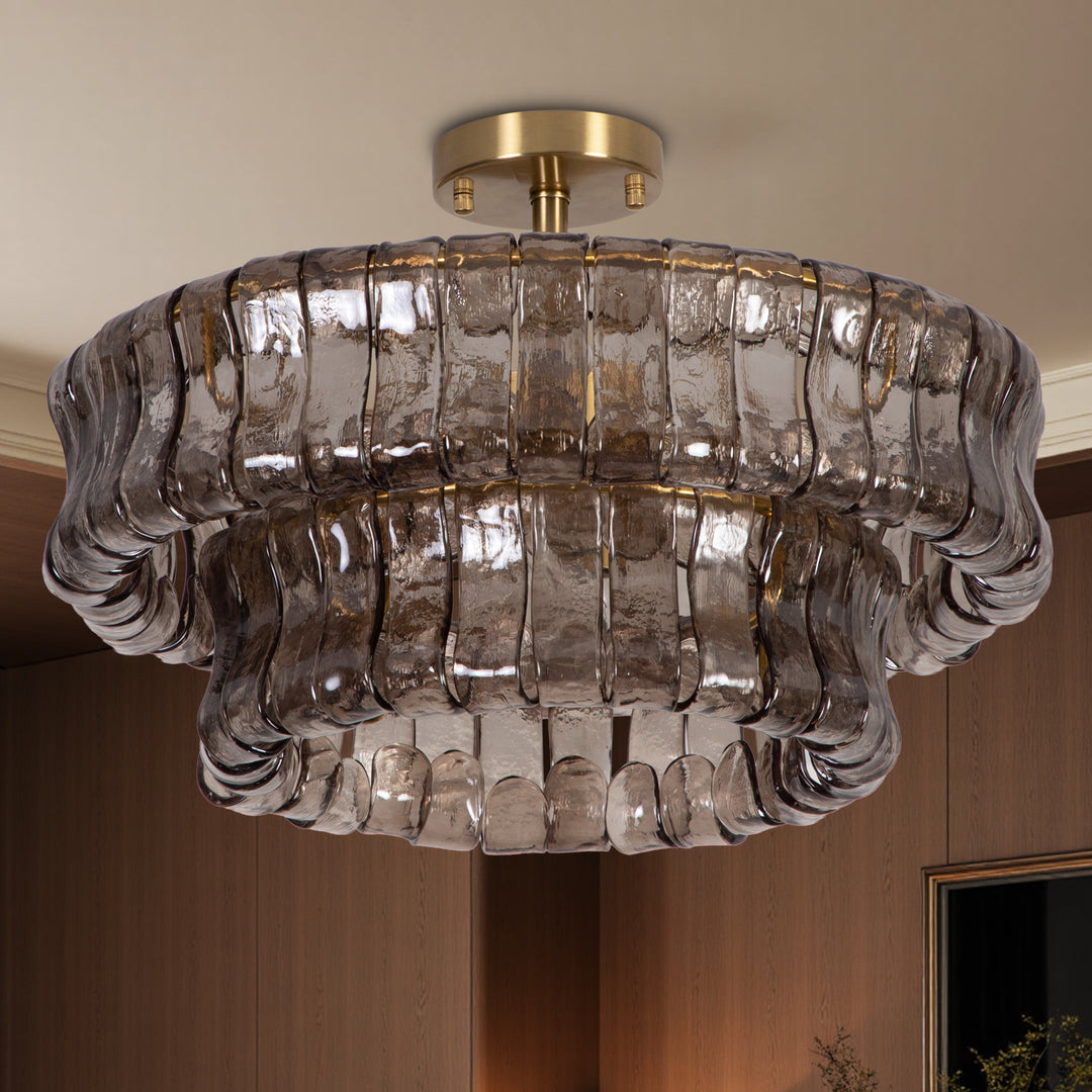 Lumen 20" 6-Light Brushed Brass Double-Layer Clear Artistic Glass Unique / Statement Semi-Flush Mount For Living Room/Bedroom #19235