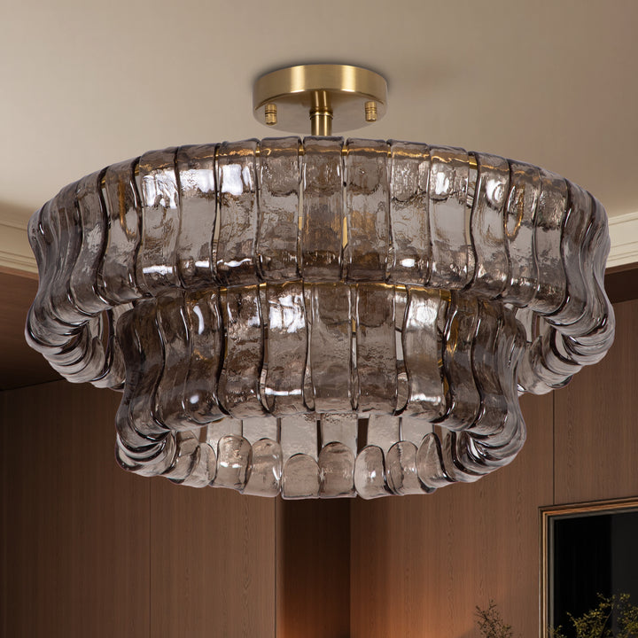 Lumen 20" 6-Light Brushed Brass Double-Layer Clear Artistic Glass Unique / Statement Semi-Flush Mount For Living Room/Bedroom #19235