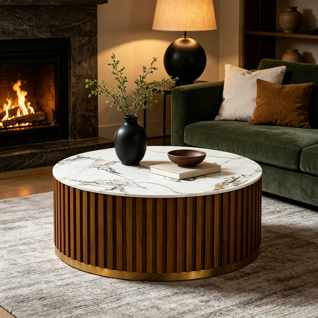 36" Solid Wood Round Drum Coffee Table with Sintered Stone Top #25049